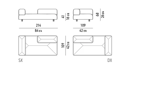 Sofa ngoài trời mô-đun đa giác nệm chần, chân thép nâng nhẹ - Modul hở có tay vịn 214 cm