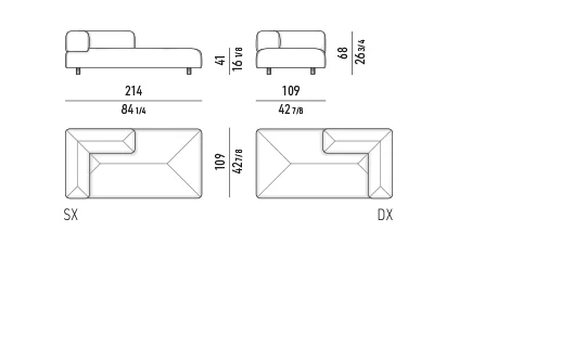 Sofa ngoài trời mô-đun đa giác nệm chần, chân thép nâng nhẹ - Modul đầu hở có tay vịn 214 cm, lưng tựa 109 cm