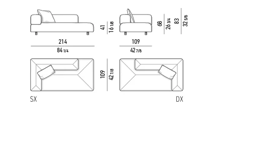 Sofa ngoài trời mô-đun đa giác nệm chần, chân thép nâng nhẹ - Modul đầu hở có tay vịn 214 cm, lưng tựa 162 cm