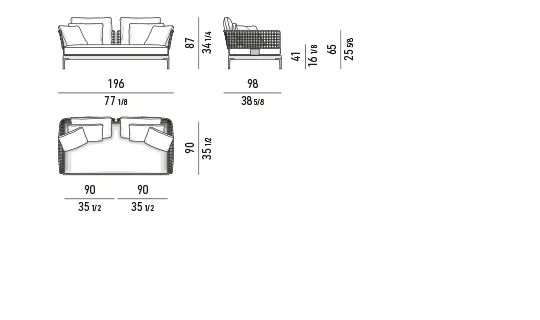 Sofa ngoài trời mô-đun khung nhôm lưng đan dây, khay gỗ tếch - Sofa 196 cm, mô-đun ngồi 90 cm
