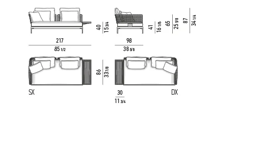 Sofa ngoài trời mô-đun khung nhôm lưng đan dây, khay gỗ tếch - Sofa kèm khay 217 cm, mô-đun ngồi 90 cm