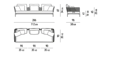 Sofa ngoài trời mô-đun khung nhôm lưng đan dây, khay gỗ tếch - Sofa 286 cm, mô-đun ngồi 90 cm