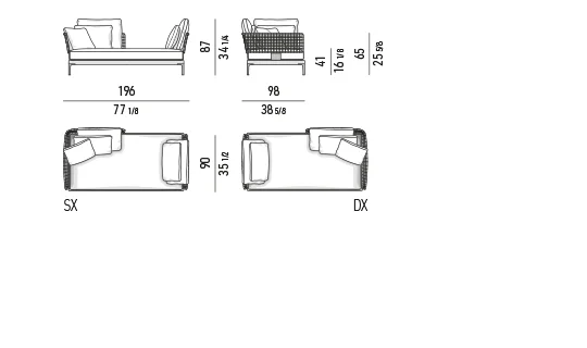 Sofa ngoài trời mô-đun khung nhôm lưng đan dây, khay gỗ tếch - Sofa daybed 196 cm, mô-đun ngồi 90 cm