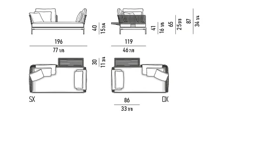 Sofa ngoài trời mô-đun khung nhôm lưng đan dây, khay gỗ tếch - Sofa daybed kèm khay 196 cm, mô-đun ngồi 90 cm