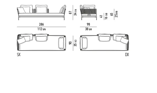 Sofa ngoài trời mô-đun khung nhôm lưng đan dây, khay gỗ tếch - Sofa daybed 286 cm, mô-đun ngồi 90 cm