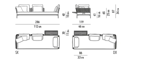 Sofa ngoài trời mô-đun khung nhôm lưng đan dây, khay gỗ tếch - Sofa daybed kèm khay 286 cm, mô-đun ngồi 90 cm