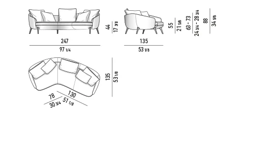 Sofa dáng cong mềm chân nhôm lông vũ cho nhà nhỏ - Sofa bán nguyệt bất đối xứng 247 cm