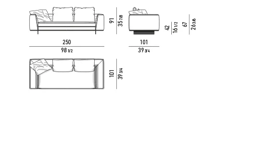 Sofa module chần ngang kèm hộc lưu trữ chân nhôm lá - Bộ đệm rời - sofa lưng thấp 250 cm