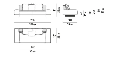 Sofa module chần ngang kèm hộc lưu trữ chân nhôm lá - Bộ đệm rời - sofa lưng cao vuông 258 cm