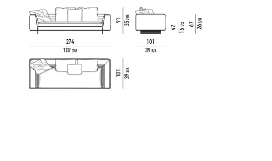 Sofa module chần ngang kèm hộc lưu trữ chân nhôm lá - Bộ đệm rời - sofa lưng thấp 274 cm