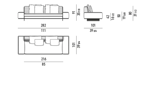 Sofa module chần ngang kèm hộc lưu trữ chân nhôm lá - Bộ đệm rời - sofa lưng cao vuông 282 cm