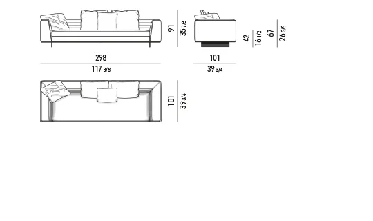 Sofa module chần ngang kèm hộc lưu trữ chân nhôm lá - Bộ đệm rời - sofa lưng thấp 298 cm