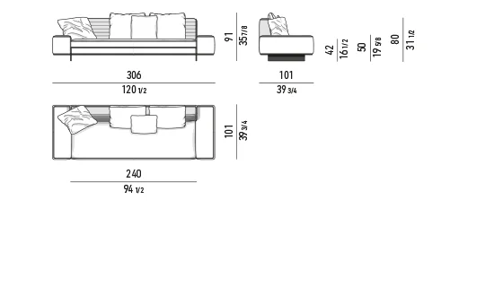 Sofa module chần ngang kèm hộc lưu trữ chân nhôm lá - Bộ đệm rời - sofa lưng cao vuông 306 cm