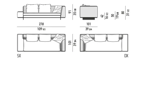 Sofa module chần ngang kèm hộc lưu trữ chân nhôm lá - Bộ đệm rời - sofa lưng cao vuông phối 278 cm