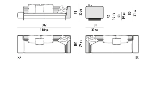 Sofa module chần ngang kèm hộc lưu trữ chân nhôm lá - Bộ đệm rời - sofa lưng cao vuông phối 302 cm