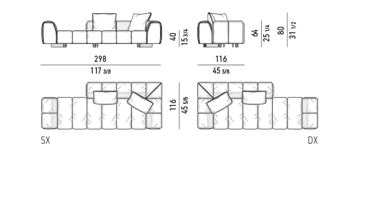 Sofa module chần dải song song kèm hộc gỗ bên hông - Sofa day-bed 298 cm