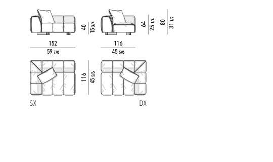 Sofa module chần dải song song kèm hộc gỗ bên hông - Module một tay vịn 152 cm