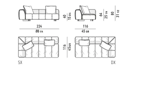 Sofa module chần dải song song kèm hộc gỗ bên hông - Module một tay vịn 224 cm