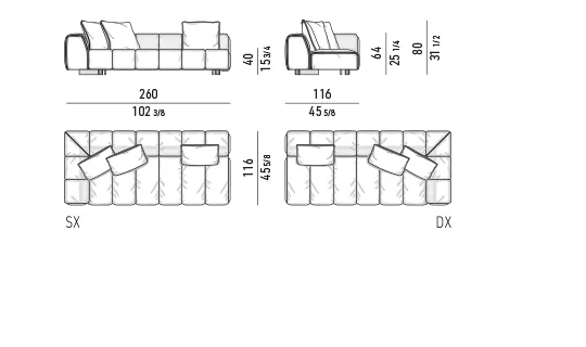Sofa module chần dải song song kèm hộc gỗ bên hông - Module một tay vịn 260 cm