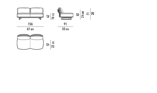 Sofa ngoài trời tấm lưng sơn bóng chân nhôm đúc xám thiếc - Module giữa 156x91 cm