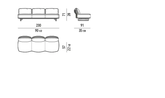Sofa ngoài trời tấm lưng sơn bóng chân nhôm đúc xám thiếc - Module giữa 230x91 cm
