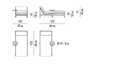Sofa ngoài trời khung nhôm một nét liền màu đậm - Ghế dài nằm (dormeuse) 101x170 cm