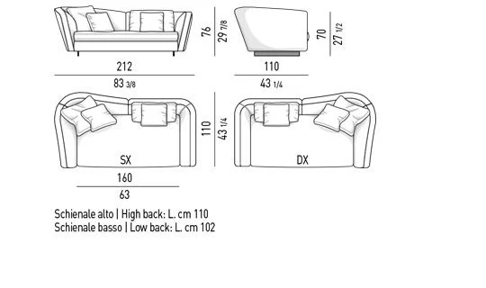 Sofa module đường cong mềm chân thanh nhôm màu đồng - Sofa lưng phối 212 cm