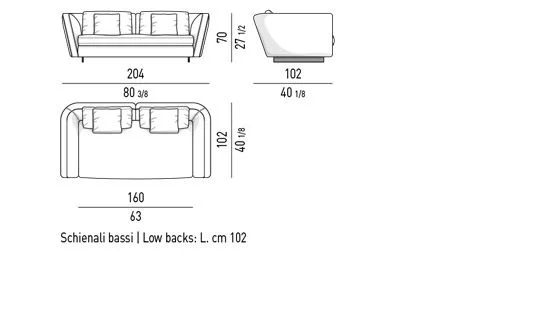 Sofa module đường cong mềm chân thanh nhôm màu đồng - Sofa lưng thấp 204 cm