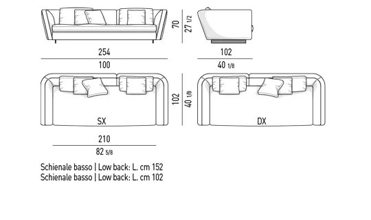 Sofa module đường cong mềm chân thanh nhôm màu đồng - Sofa lưng thấp 254 cm