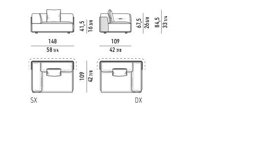 Sofa module vỏ lưng định hình đệm lông vũ khung nhôm - Sofa một tay vịn 148 cm