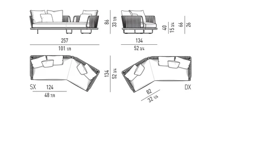 Sofa modul mặt gỗ teak lưng dây đan phong cách Ý - Sofa chéo 257 cm