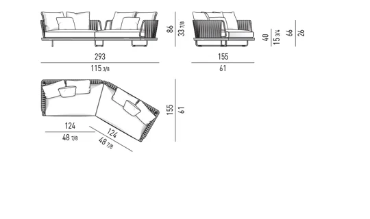 Sofa modul mặt gỗ teak lưng dây đan phong cách Ý - Sofa chéo 293 cm