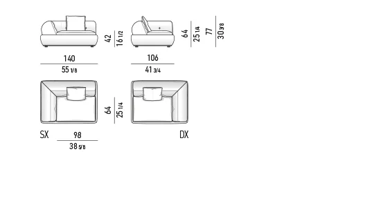 Sofa modul khối bọc lưng cong khung kim loại lơ lửng - Modul 1 tay vịn 140 cm