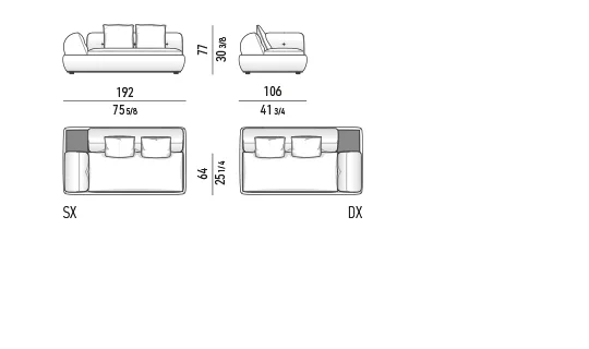 Sofa modul khối bọc lưng cong khung kim loại lơ lửng - Modul 1 tay vịn 192 cm kèm mặt đặt vuông