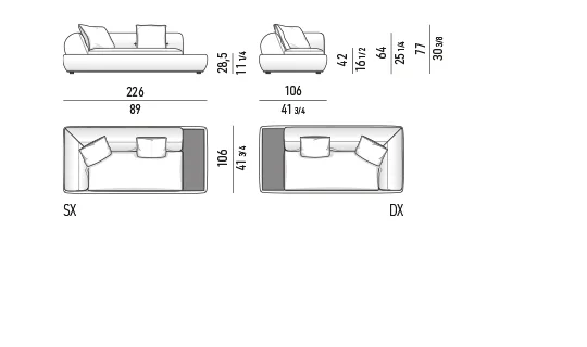 Sofa modul khối bọc lưng cong khung kim loại lơ lửng - Modul 1 tay vịn 226 cm kèm mặt đặt cỡ vừa