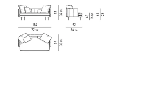 Sofa lưng chần dọc viền nổi chân kim loại thanh mảnh - Sofa lưng thấp 184 cm