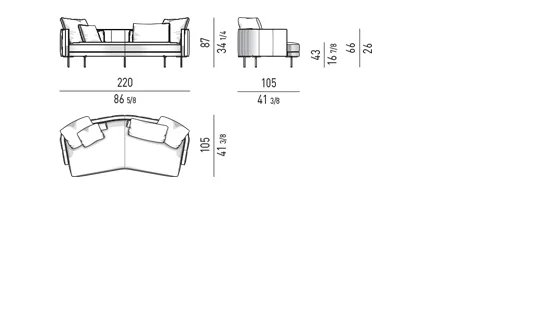 Sofa lưng chần dọc viền nổi chân kim loại thanh mảnh - Sofa góc lưng thấp 220 cm