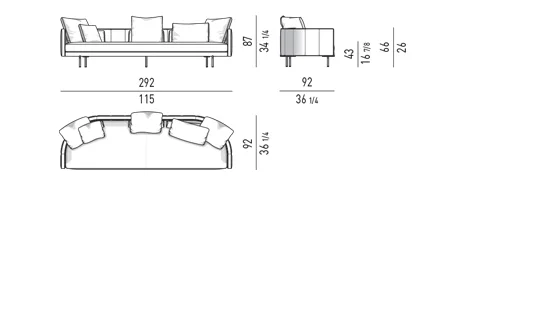 Sofa lưng chần dọc viền nổi chân kim loại thanh mảnh - Sofa lưng thấp 292 cm