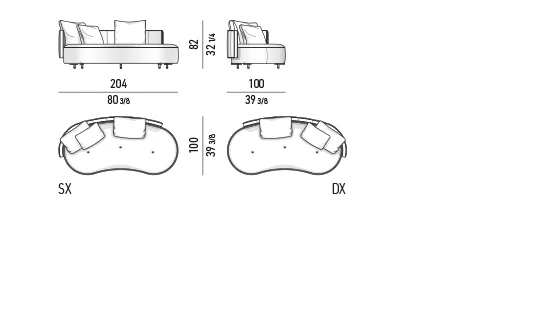 Sofa bọc khối đầy đặn bo tròn đế kim loại mảnh - Sofa góc đầu hở 204 cm