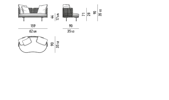 Sofa ngoài trời lưng đan dây ôm gọn chân nhôm màu đồng - Sofa góc 159 cm