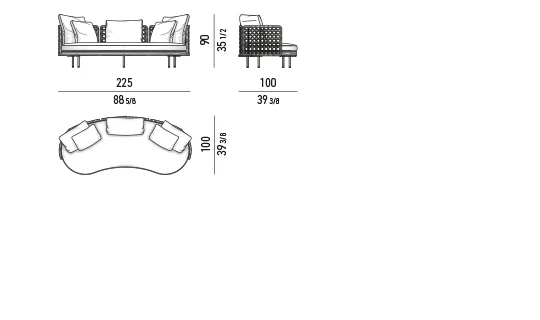 Sofa ngoài trời lưng đan dây ôm gọn chân nhôm màu đồng - Sofa góc 225 cm