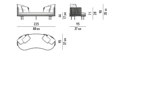 Sofa ngoài trời lưng đan dây ôm gọn chân nhôm màu đồng - Sofa góc mở 225 cm