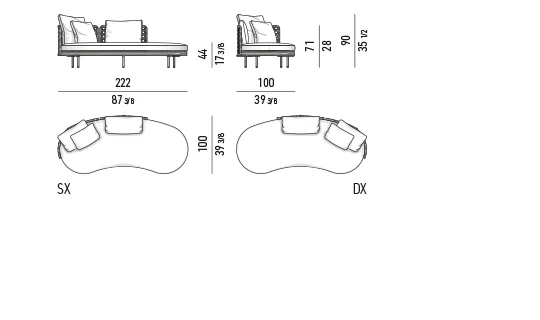 Sofa ngoài trời lưng đan dây ôm gọn chân nhôm màu đồng - Sofa góc đầu hở 222 cm