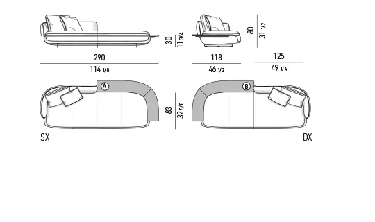 Sofa modul lưng bán nguyệt liền tay vịn đệm ngồi mỏng - Sofa 290 cm, lưng 125 cm, kèm mặt đặt