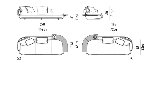 Sofa modul lưng bán nguyệt liền tay vịn đệm ngồi mỏng - Sofa 290 cm, lưng 185 cm, kèm mặt đặt