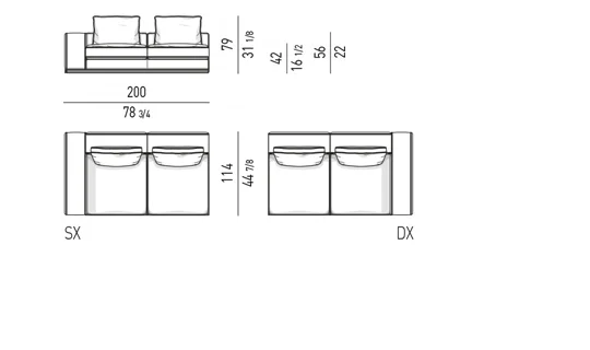 Sofa modul khối vuông cắt cạnh đệm lông vũ viền nhôm - Modul 1 tay vịn 200 cm, đệm ngồi 85 cm