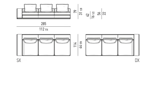 Sofa modul khối vuông cắt cạnh đệm lông vũ viền nhôm - Modul 1 tay vịn 285 cm, đệm ngồi 85 cm