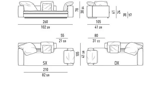 Sofa modul lưng lệch khỏi mặt ngồi kèm đôn đa năng - Sofa giường ngả 260 cm, lưng 180 cm