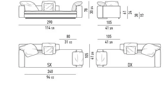 Sofa modul lưng lệch khỏi mặt ngồi kèm đôn đa năng - Sofa giường ngả 290 cm, lưng 185 cm