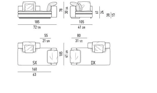 Sofa modul lưng lệch khỏi mặt ngồi kèm đôn đa năng - Modul giường ngả 185 cm, lưng 105 cm